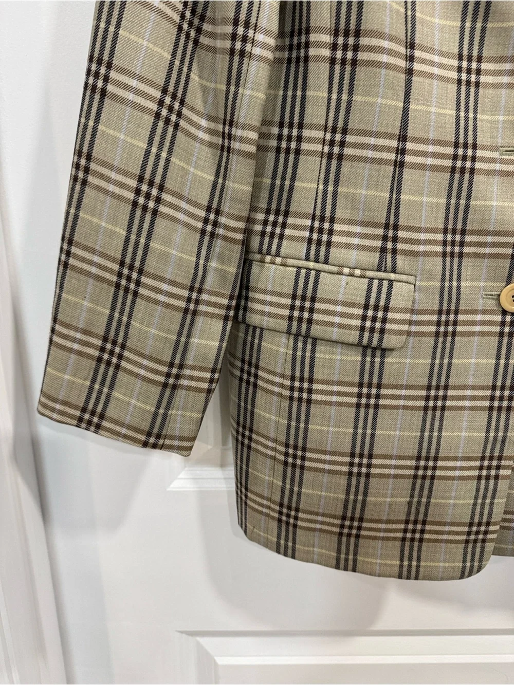 Liz Claiborne Vintage 100% Pure New Wool Plaid Blazer Suede Collar 8 Beige Brown